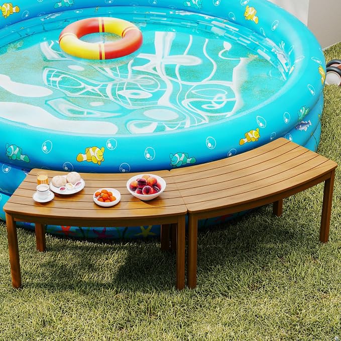 Tangkula Acacia Wood Outdoor Curved Bench Set of 4, Patio Garden Backless Fire - Image 4