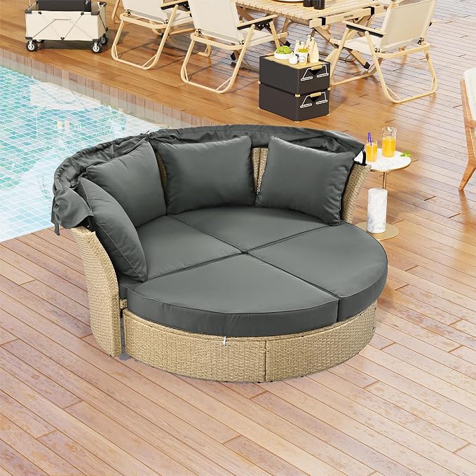 Merax All-Weather Outdoor Round Patio Daybed Conversation Sofa Set Wicker - Image 8