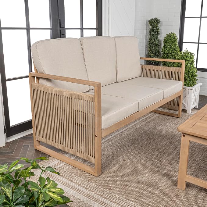 JONATHAN Y SFB1002A Gable 3-Seat Mid-Century Modern Roped Acacia Wood Outdoor - Image 5