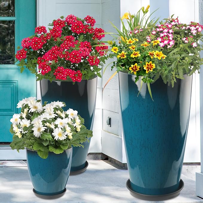 24-21-11 Inch Tall Planters Set of 3, Indoor Outdoor Blue Glossy Round Planter - Image 2