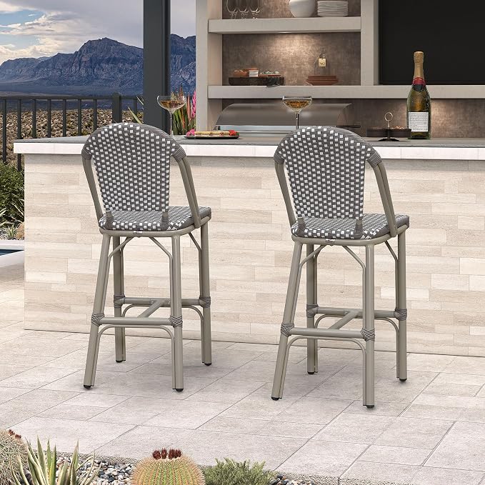 PURPLE LEAF French Bar Stools Set of 2 Champagne Print Finish Outdoor Bar Stools - Image 2