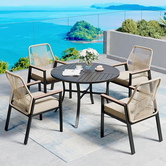 5 Pieces Patio Dining Set, 4 x Woven Rattan Chairs by SUNSHINEVALLEY