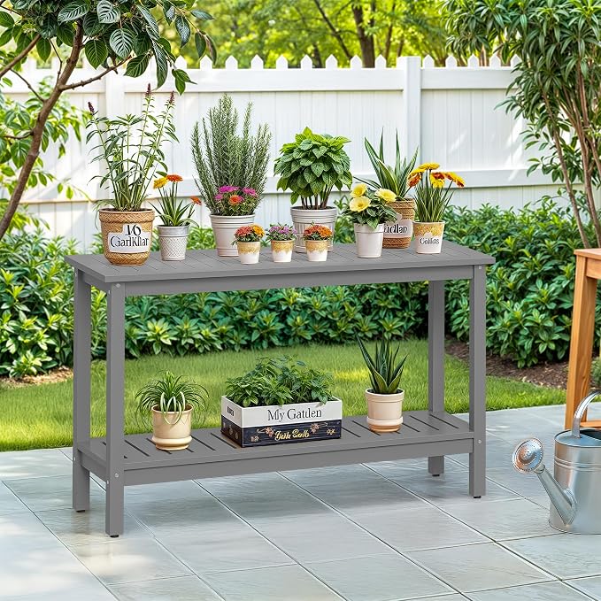 SUPER DEAL 48 inch Outdoor Console Table, 2-Tier Solid Wood Side Table - Image 4