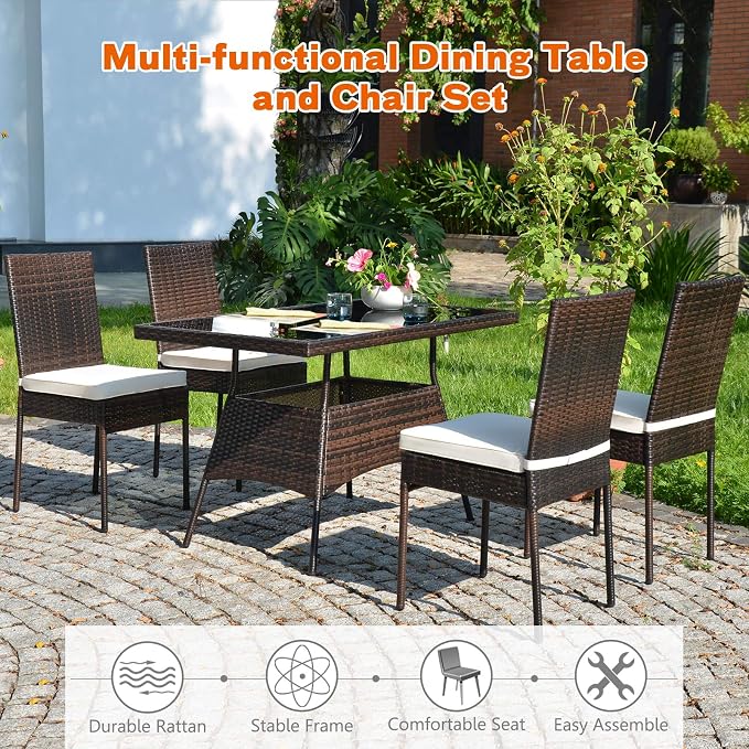 Tangkula 5 Piece Patio Wicker Dining Set, Outdoor Rattan Table and Chairs - Image 8