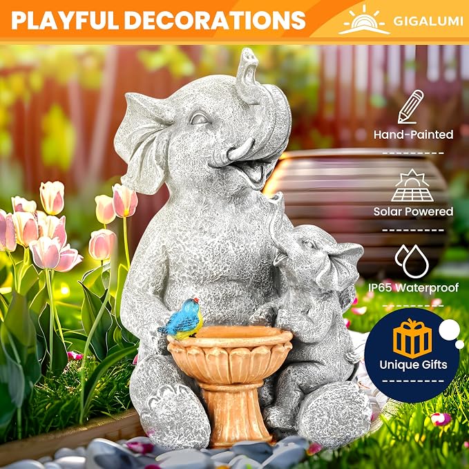 GIGALUMI Solar Garden Statues Bird Bath Elephant 9", Loving Elephant Decor - Image 6