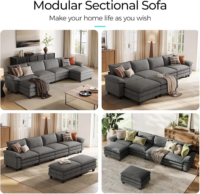 LINSY HOME 157'' Modular Sectional Sofa Grey Couch Corduroy Cloud Couches - Image 7