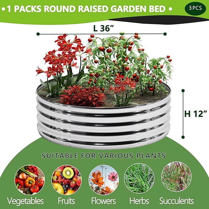 3PCS 3x3x1FT Galvanized Raised Garden Bed Kit, Vegetable Boxes-Round Metal - Image 2