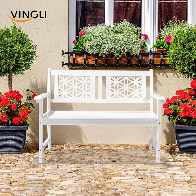 VINGLI 47" Outdoor Wood Bench, All Weather Outdoor Wooden Patio Garden Bench - Image 2