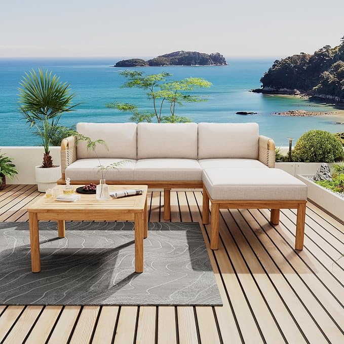 3-Piece L-Shape Outdoor Furniture Set, Outdoor Acacia Wood and Rope Patio Sofa - Image 2