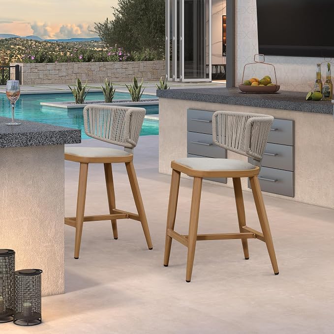 PURPLE LEAF Outdoor Counter Height Bar Stool Set of 2 Modern Rattan Bar Chairs - Image 9