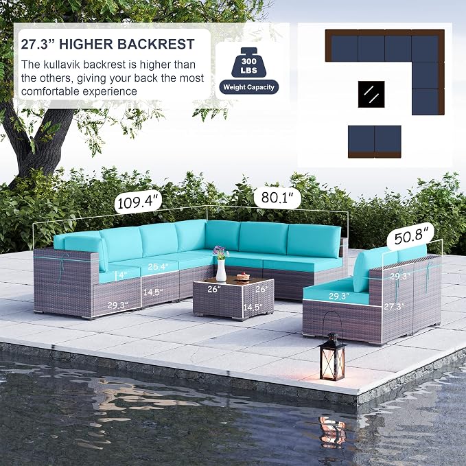 Kullavik 9 Pieces Outdoor Patio Furniture Set PE Wicker Rattan Sectional Sofa - Image 2