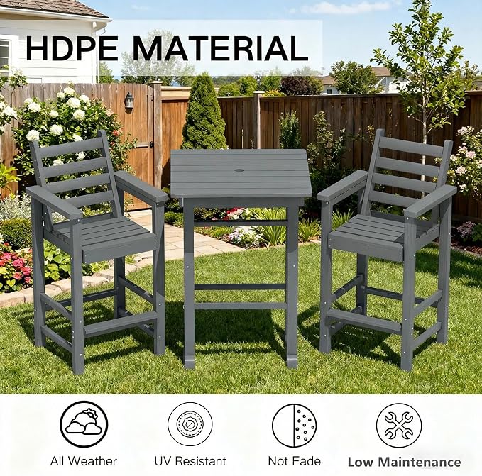 GLANC Adirondack Chairs and Table 3 Pieces Set, HDPE Balcony Bar Height Chairs - Image 5