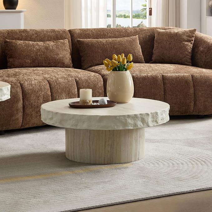 Round Coffee Table, 31.69" Fiberglass Faux Marble Pattern Imitation Stone Table - Image 3