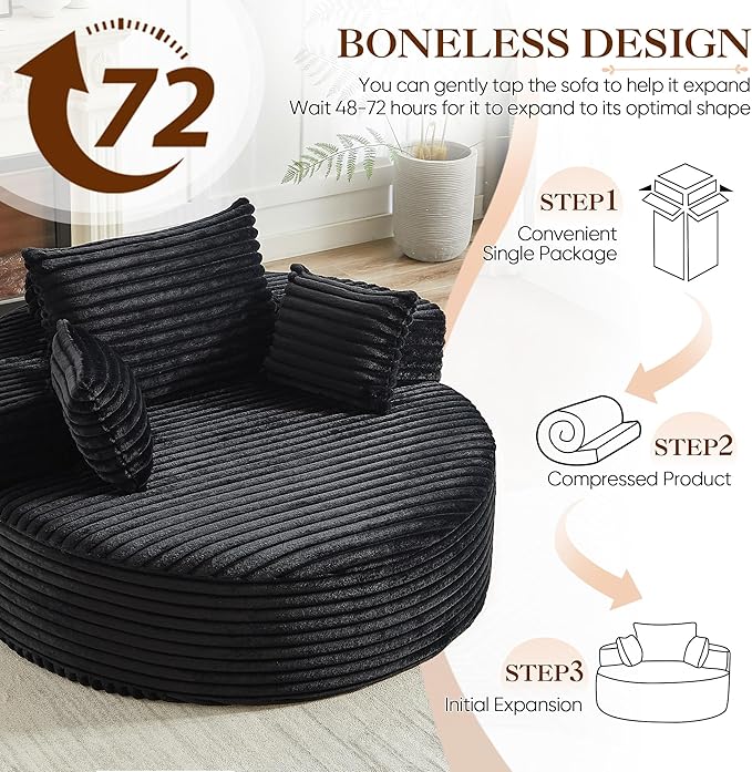 Oversized Round Chaise Longue Chair Indoor, Modern 55-inch Upholstered Corduroy - Image 6