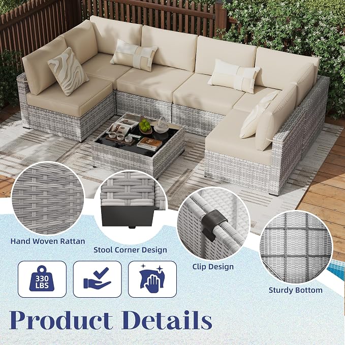 KIGOTY Patio Furniture Set, 7 Pieces Modular Outdoor Sectional Sofa, PE Rattan - Image 4