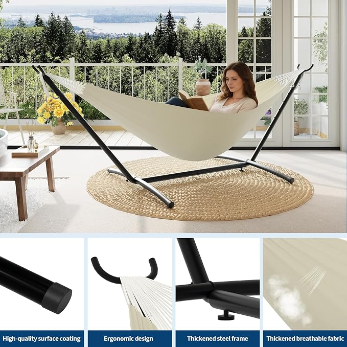Double Hammocks with Stand for Outside, Portable Space Saving Heavy-Duty Steel - Image 3