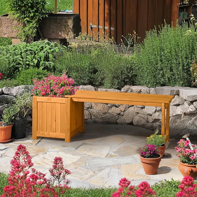 VINGLI Outdoor Wood Bench with Planter Boxes, 2-in-1 All-Weather Porch Bench - Image 2