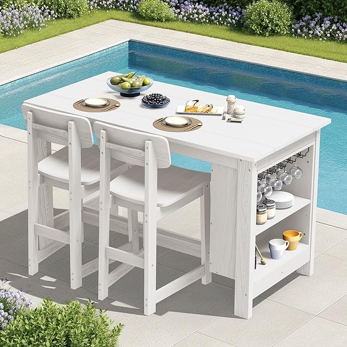 SERWALL 3-Piece Outdoor Counter Height Bar Set, HDPE Patio Bar Table by SERWALL
