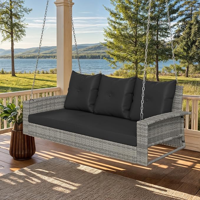 YITAHOME 3-Seats Outdoor Hanging Porch Swing Chair Rattan Black Wicker Patio by YITAHOME