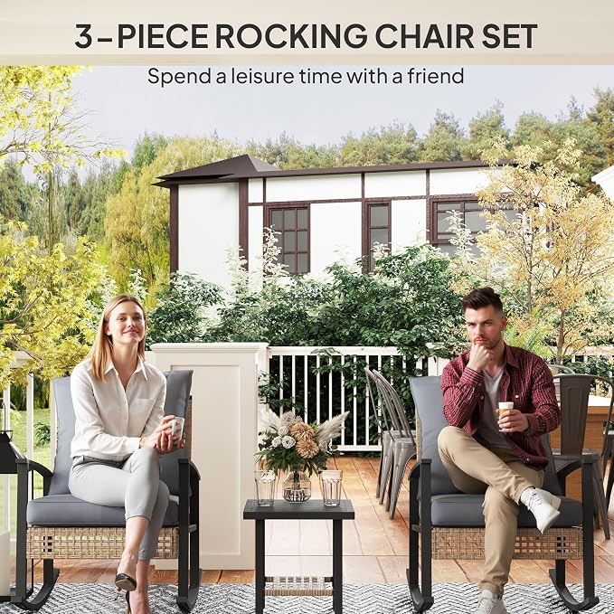 Outsunny 3 Pieces Rocking Wicker Outdoor Bistro Set, Rattan Patio Furniture Set - Image 3