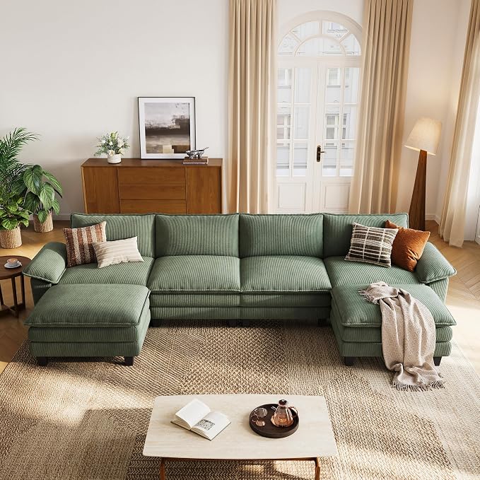 LINSY HOME 157'' Modular Sectional Sofa Green Couch Corduroy Cloud Couches - Image 7