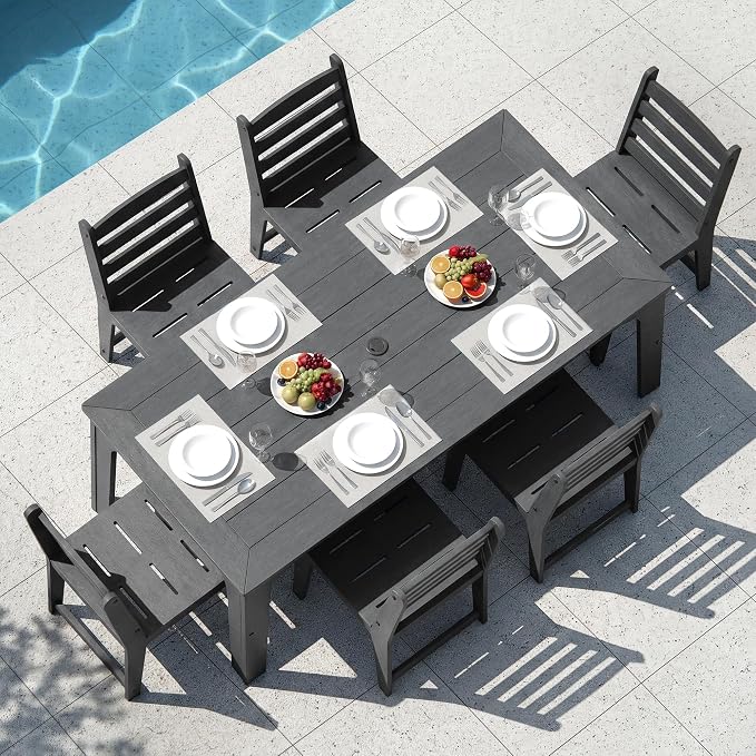 HDPE Patio Dining Set for 6, Weather-Resistant Outdoor Table by ACUELGardenFurniture