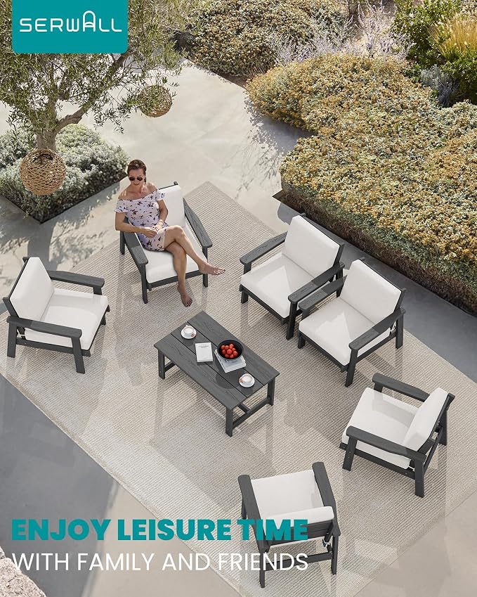SERWALL HDPE Outdoor Furniture Set, 7 Piece All Weather Wood-Like Outdoor Sofa - Image 9