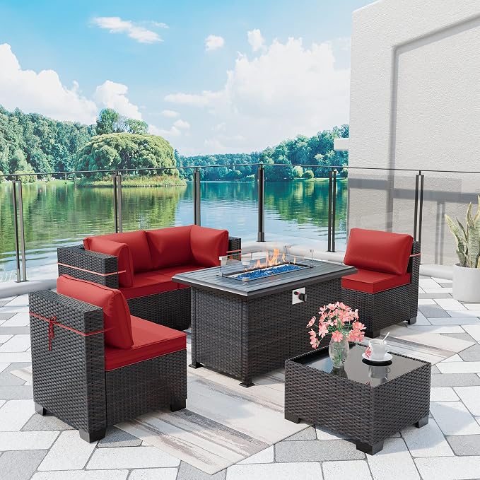 Outdoor Patio Furniture with Fire Pit Table, 6 Pieces Outdoor Furniture Patio by ASJMR