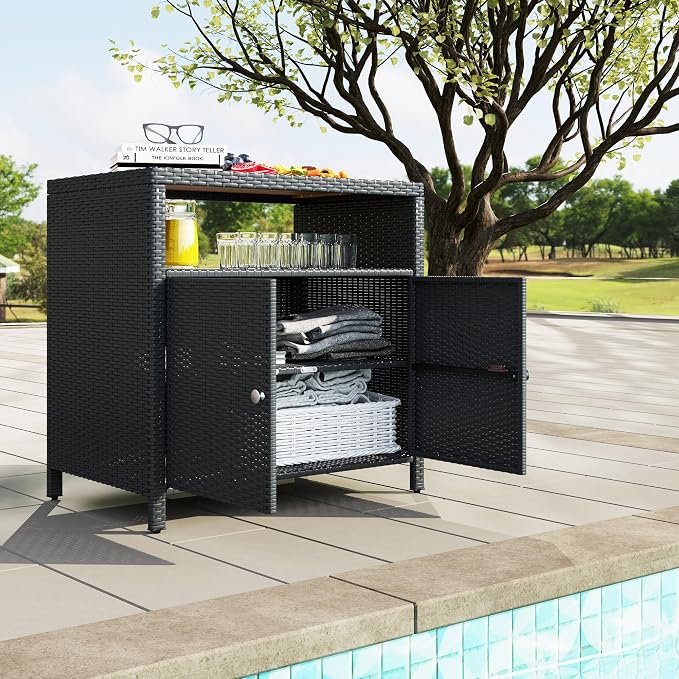 Outsunny Wicker Outdoor Storage Cabinet, Rattan Outdoor Bar Table - Image 9
