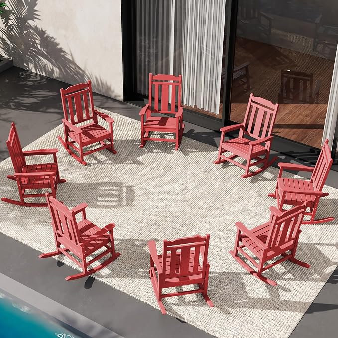 SERWALL HDPE Outdoor Rocking Chair Red Set of 8, All Weather Patio Rocking Chair by SERWALL