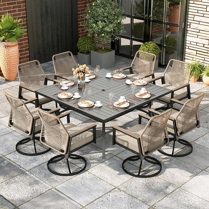 9 Pieces Outdoor Patio Dining Set, Wicker Patio Table and Chairs Set of 8 by MIXPATIO
