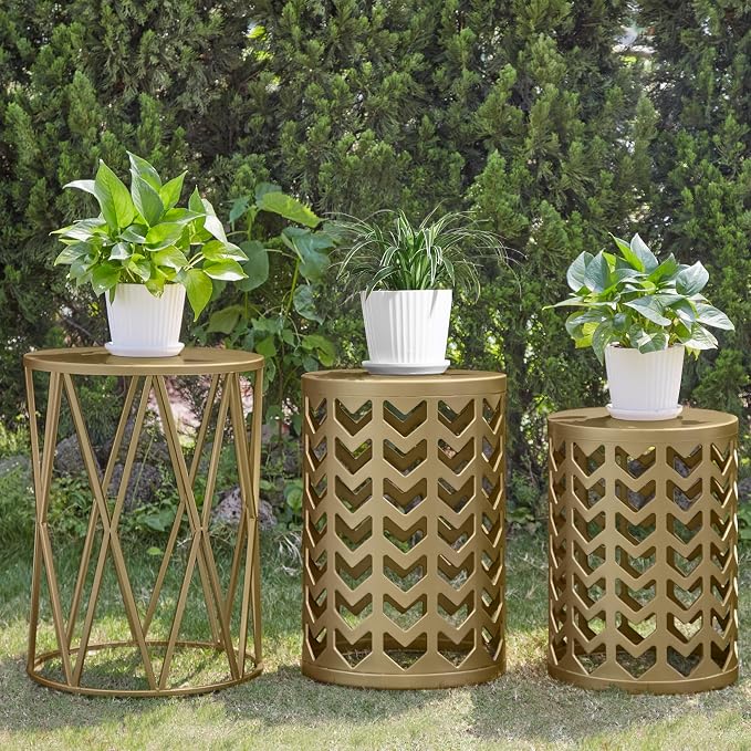 Y&M Set of 3 Gold End Tables, Nesting Metal Round Coffee Table, Heavy Duty - Image 4