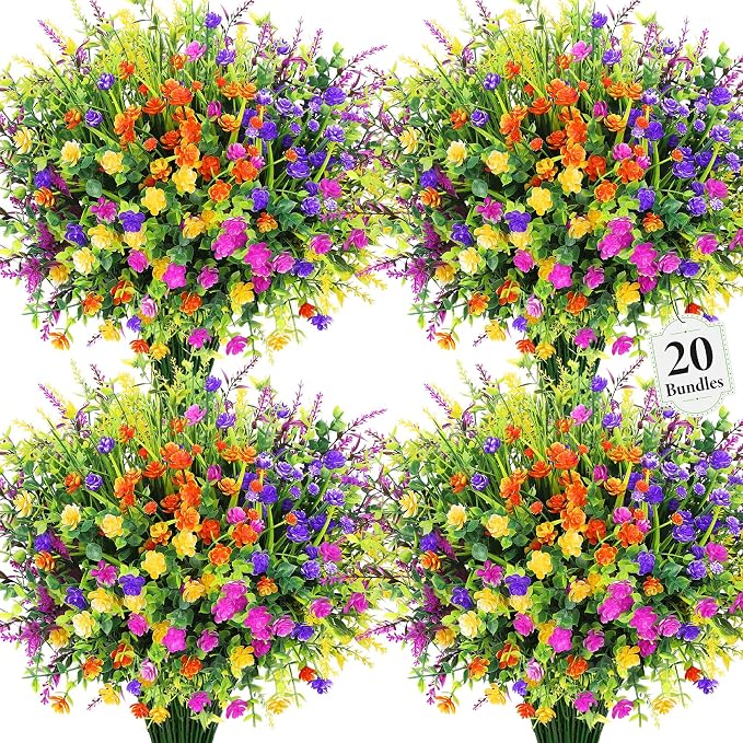 20 Bundles Artificial Flowers for Outdoors Fake Plastic Flowers UV Resistant by Besteek