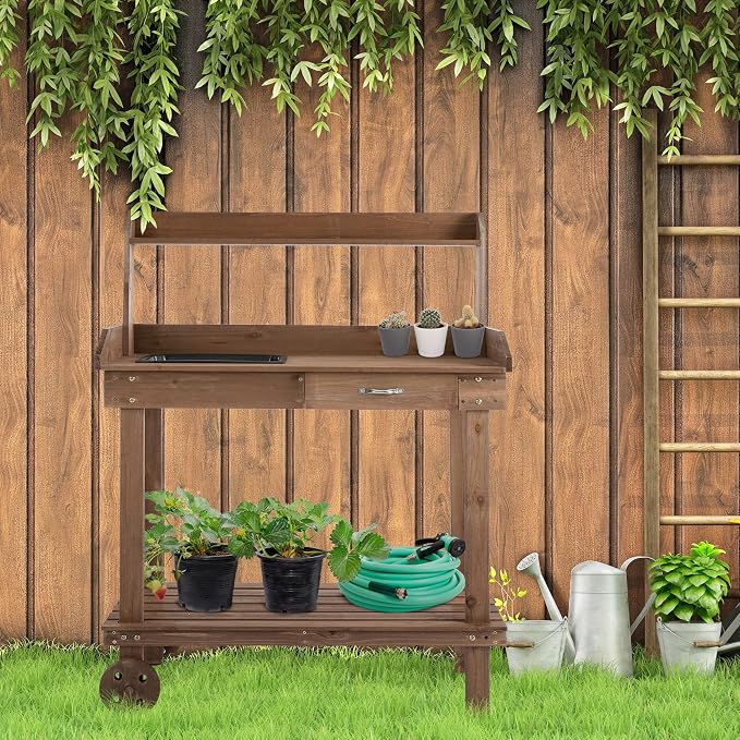 Outsunny 36" Wooden Potting Bench Work Table - Image 2