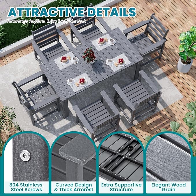 Outdoor HDPE Dining Table Set, 10-Piece Outdoor Dining Table Sets, Wood Grain - Image 8