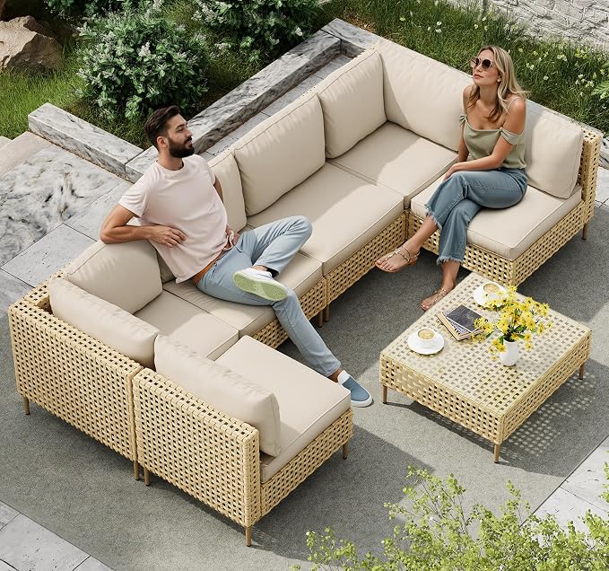 LHBcraft 7-Piece Wicker Outdoor Patio Furniture Set, Modular Rattan Outdoor by LHBcraft-US