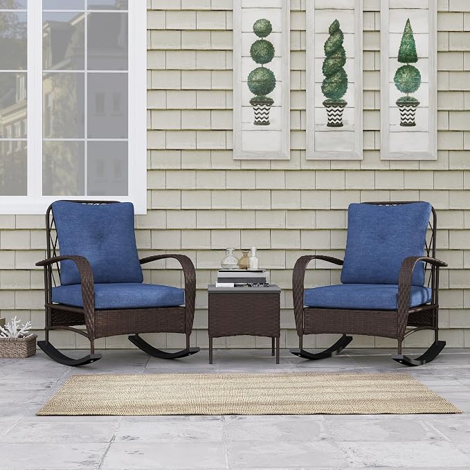 Outsunny 3 Piece Wicker Patio Furniture Set, PE Rattan Rocking Chairs - Image 9