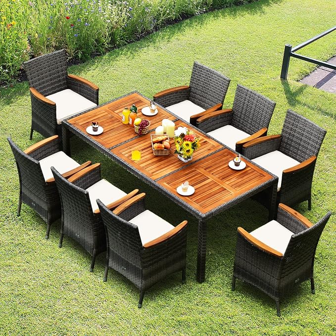 Tangkula 9 Pieces Patio Dining Set, Garden Acacia Wood and Wicker Furniture Set - Image 8