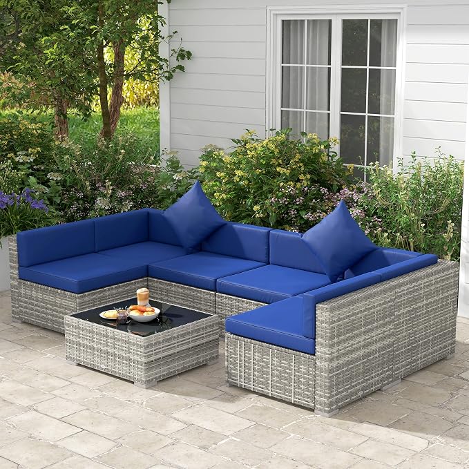 Outsunny 7 Piece Patio Furniture Set, Wicker Outdoor Sectional Sofa Set - Image 2