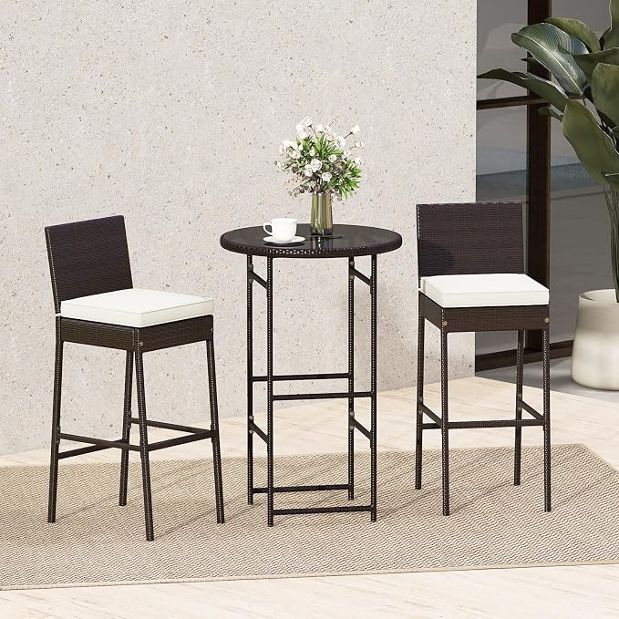Tangkula 3 Piece Outdoor Bar Set, Patio Rattan Bar Height Heavy Duty Metal - Image 2