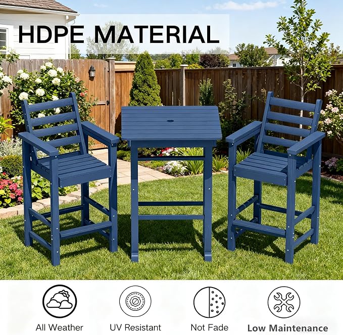 GLANC Adirondack Chairs and Table 3 Pieces Set, HDPE Balcony Bar Height Chairs - Image 4