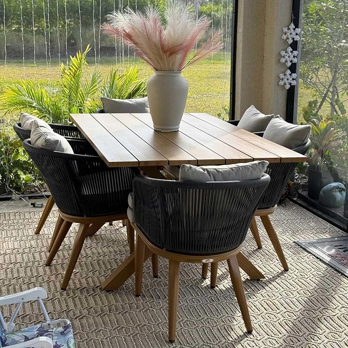 PURPLE LEAF 7 Pieces Patio Dining Set Wicker Outdoor Furniture Rectangular by PURPLELEAF