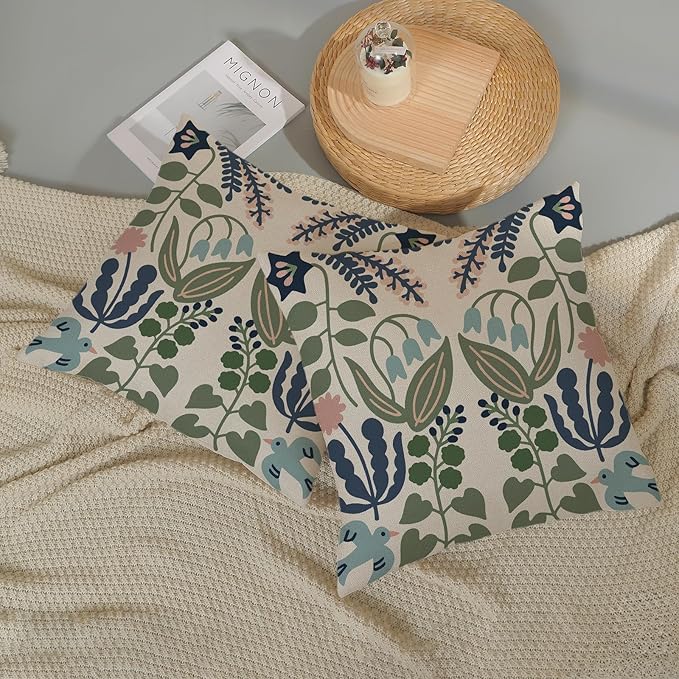 Navy Blue Boho Pillow Covers 18x18 Inch 2 Pcs Sage Green Floral Decor Throw - Image 5