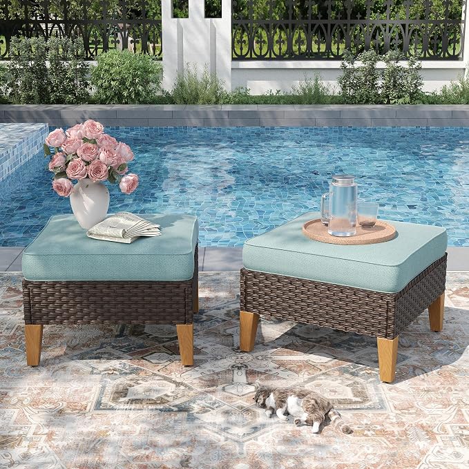 PHI VILLA 2 Pieces Patio Ottoman, All Weather Rattan Wicker Ottoman Seat by PHIVILLAThepioneerofcomfortablehouseholdsupplies