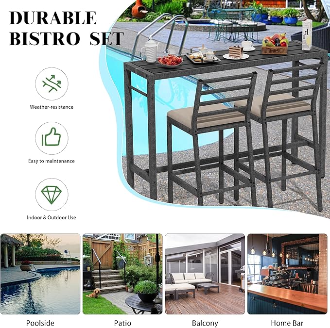 3Pcs Outdoor Patio Bar Set, Metal Bar Table and Chairs Set - Image 5