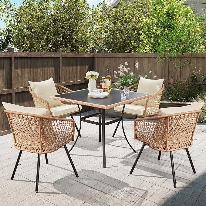 ECOTOUGE 5-Piece Outdoor Dining Table Chair Set, All-Weather Wicker Dining Set by ECOTOUGE