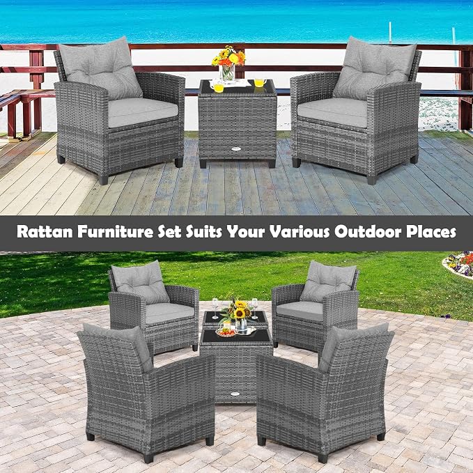 Tangkula 3 Pieces Patio Furniture Set, Outdoor PE Rattan Conversation Chair Set - Image 5