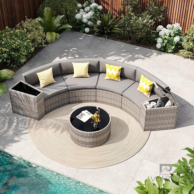 Patio Sectional Furniture Outdoor 2-Piece Grey Rattan Curved Sofa Set Without - Image 3