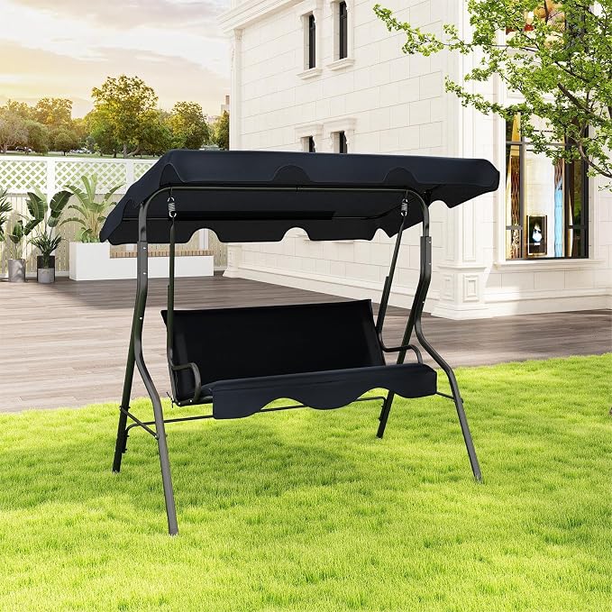 Porch Swing Outdoor, 3 Person Patio Swing w/Removable Cushion, Stand & - Image 2