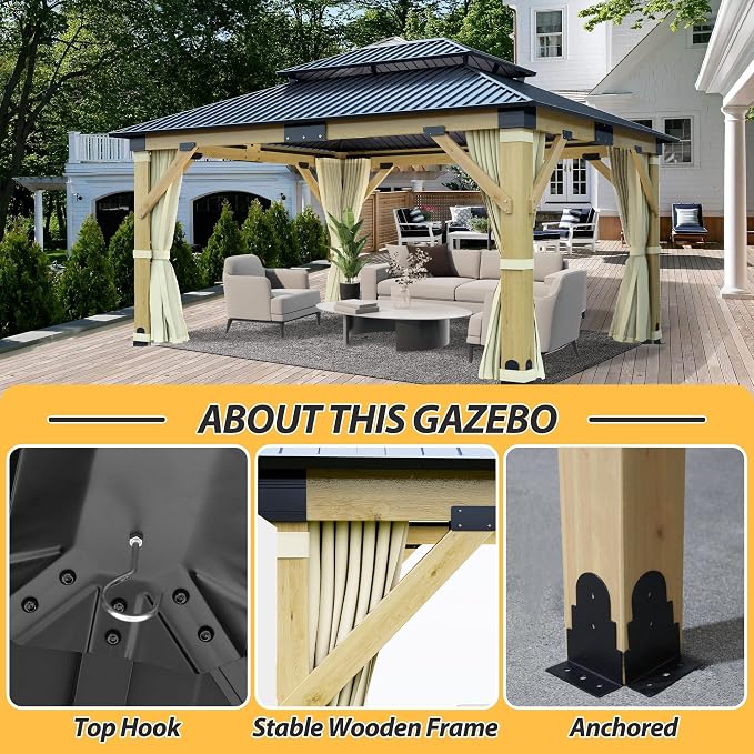 13'x15' Wood Gazebo, Outdoor Solid Wooden Gazebo - Image 4
